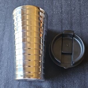 11 Oz. Nespresso Shiny Silver Travel Mug with Black Lid, NWOB